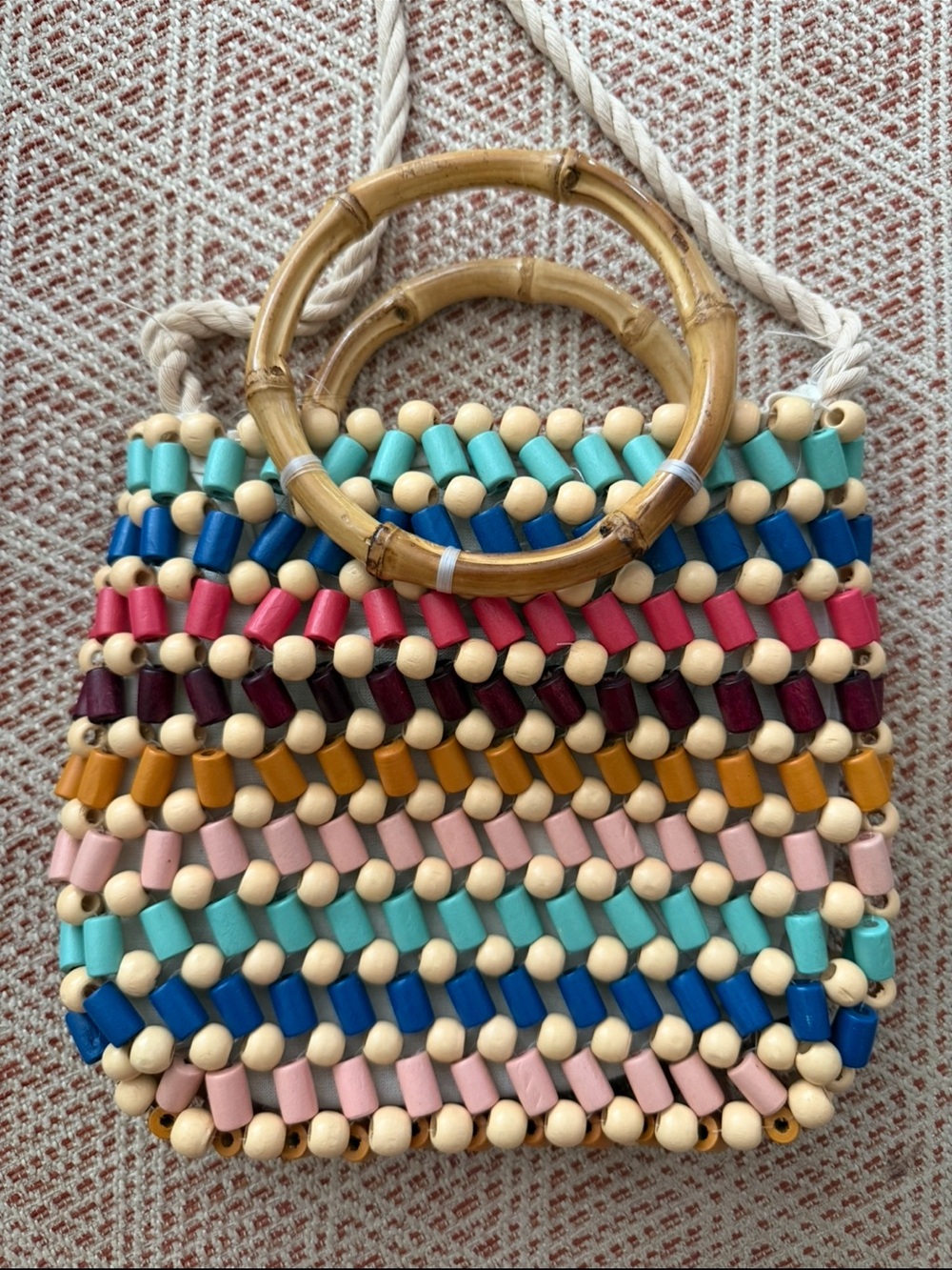 Multicolor Wood Beaded Crossbody Bag with Bamboo Handles - Picture 2 of 3